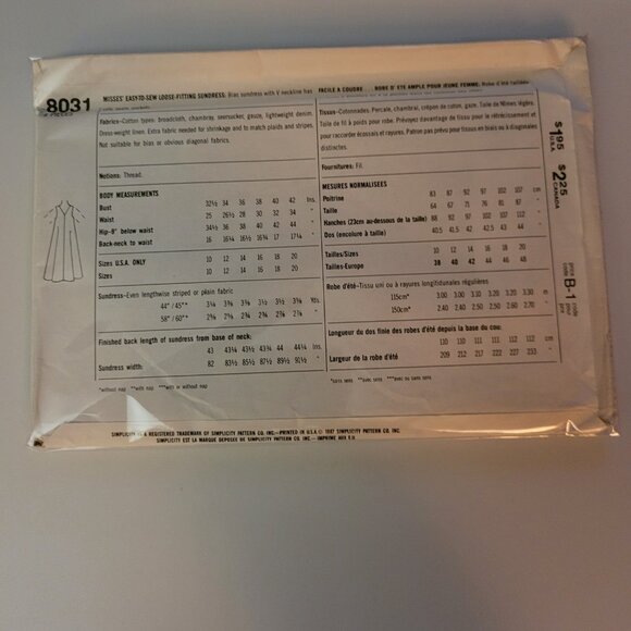 VTG Simplicity 8031 Misses' Sun Dress Pattern Size 16-18-20 - Picture 3 of 3